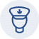 A blue line drawing of a person's head wearing a captain's hat with a downward-pointing arrow.