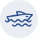 A simple blue line drawing of a speedboat with a cabin, riding on two waves, inside a dotted circle.