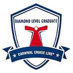 A blue and white shield logo with a red figure, text "DIAMOND LEVEL GRADUATE" and "CARNIVAL CRUISE LINE®".