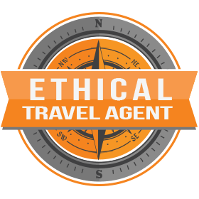 A compass with an orange center and a gray border, overlaid with an orange banner reading "ETHICAL TRAVEL AGENT".