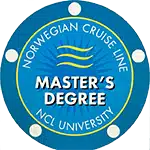 A blue and yellow circular logo with "NORWEGIAN CRUISE LINE," "MASTER'S DEGREE," and "NCL UNIVERSITY."