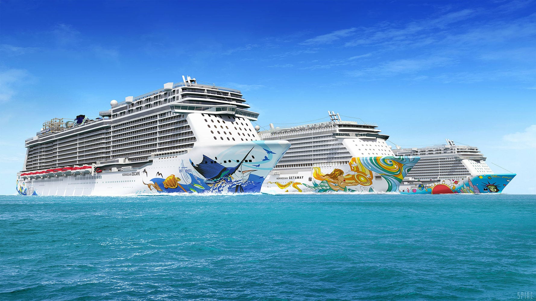 Three large cruise ships, "NORWEGIAN ESCAPE" and "NORWEGIAN GETAWAY" visible, sail on turquoise water under a blue sky.