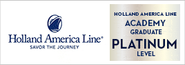Holland America Line logo with "SAVOR THE JOURNEY" and a "PLATINUM LEVEL" academy graduate badge.
