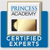 A blue and white badge with "PRINCESS ACADEMY" and "CERTIFIED EXPERTS" text, featuring a gold seal.
